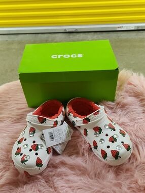 CROCS White Strawberry Print Clogs with Red Lining and Gems